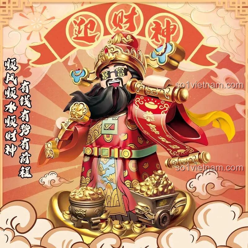 Tài Thần 11028 库造 với chữ Phúc, bộ lắp ghép Thần Tài, đồ chơi mô hình Tết, trang trí nhà cửa