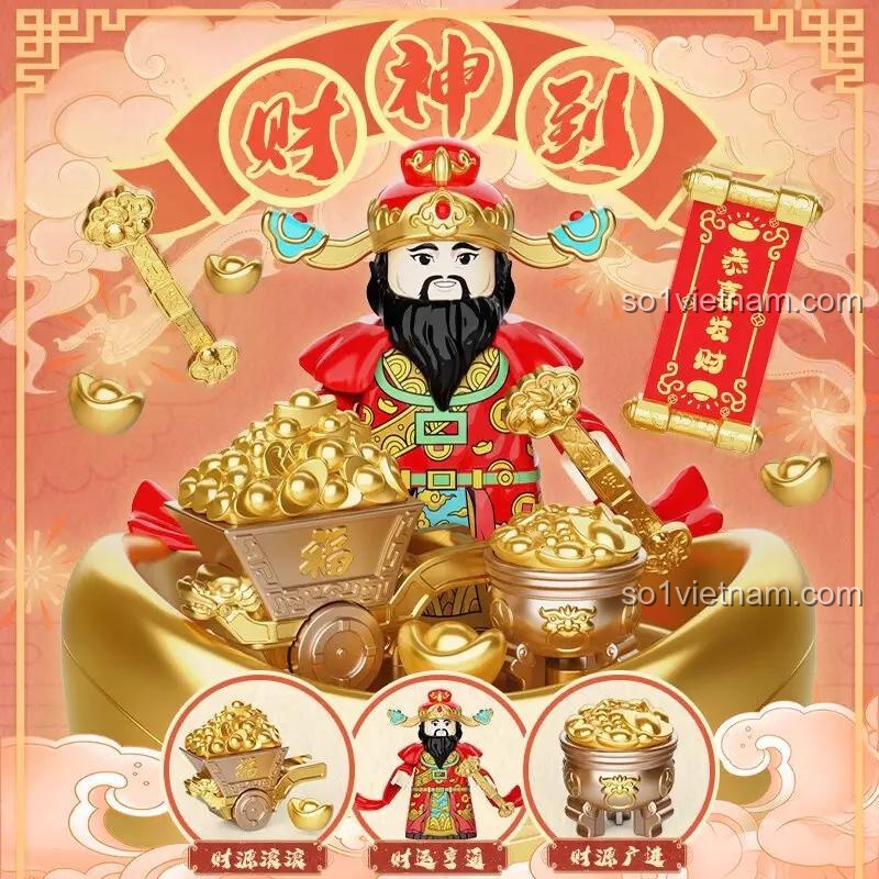 Tài Thần 11028 库造 cùng xe chở vàng và các vật phẩm may mắn, bộ lắp ghép Tài Thần, đồ chơi mô hình Tết