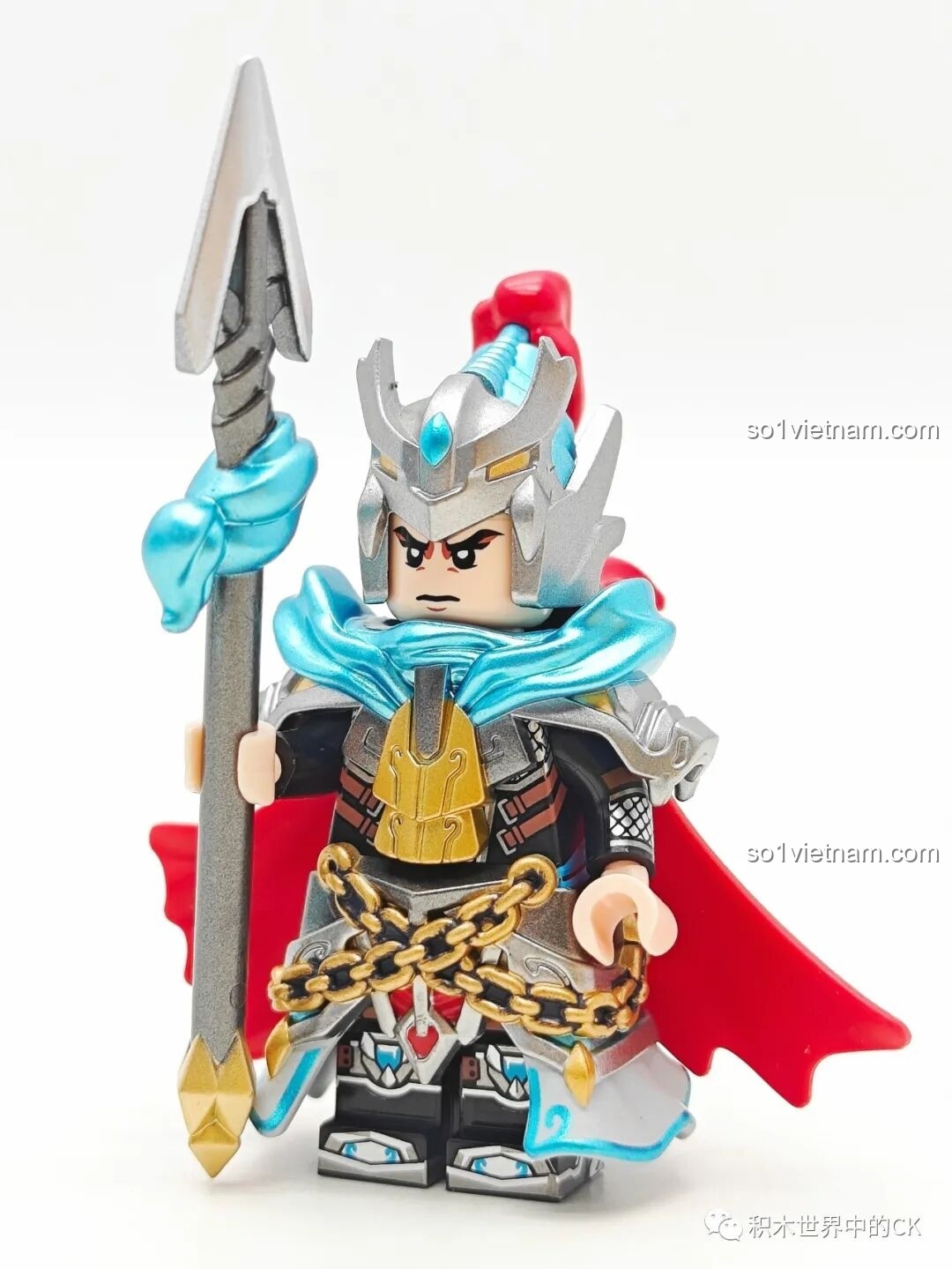 Minifigure Triệu Vân Kuzhao Studio 11773 đã lắp giáp hoàn chỉnh, cầm thương bạc.