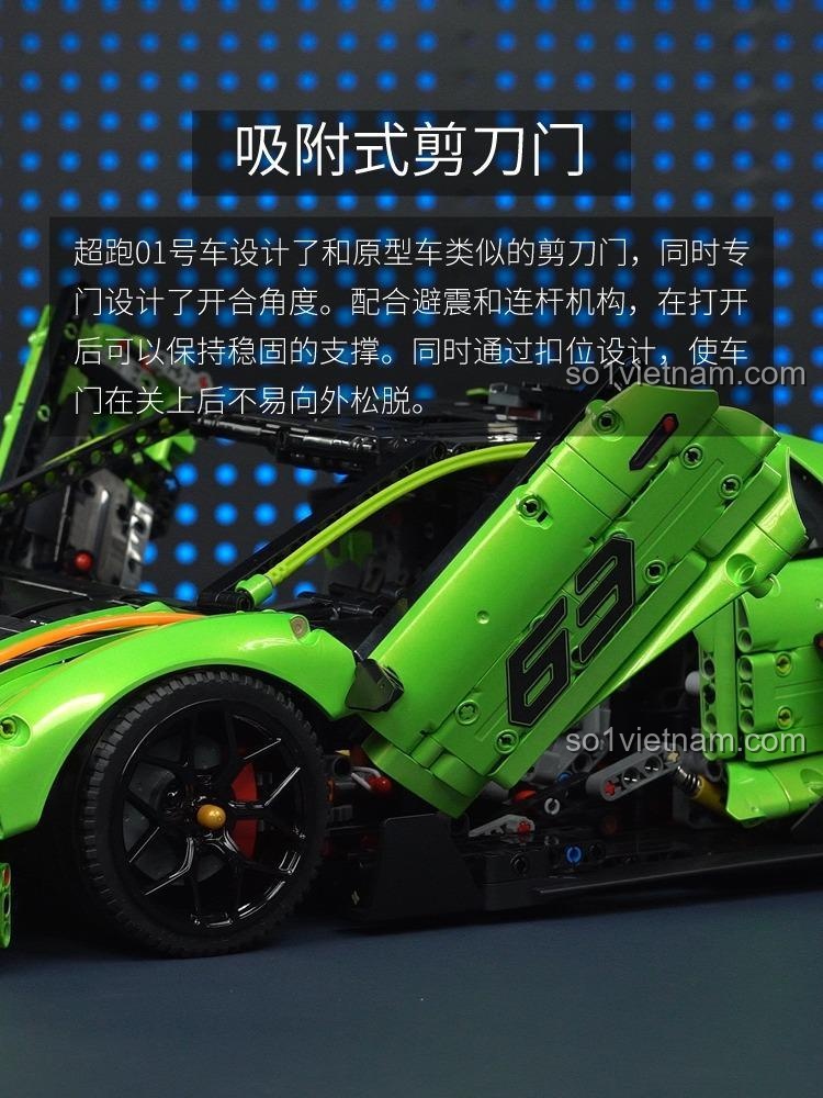 Mô hình siêu xe Lamborghini màu xanh lá và đen, tỉ lệ 1:8, 4100 chi tiết, kiểu Technic, có cửa cắt kéo, động cơ V12, hộp số 6 cấp, điều khiển từ xa, phù hợp cho bé trai 14 tuổi trở lên.