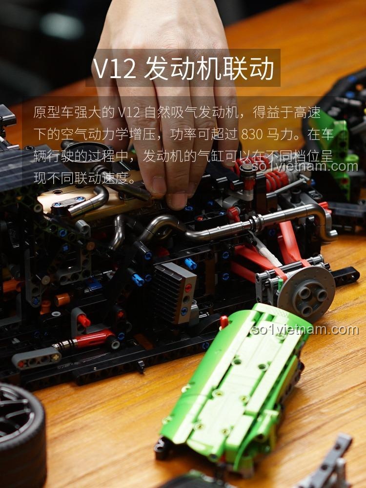 Mô hình siêu xe Lamborghini màu xanh lá và đen, tỉ lệ 1:8, 4100 chi tiết, kiểu Technic, có cửa cắt kéo, động cơ V12, hộp số 6 cấp, điều khiển từ xa, phù hợp cho bé trai 14 tuổi trở lên.