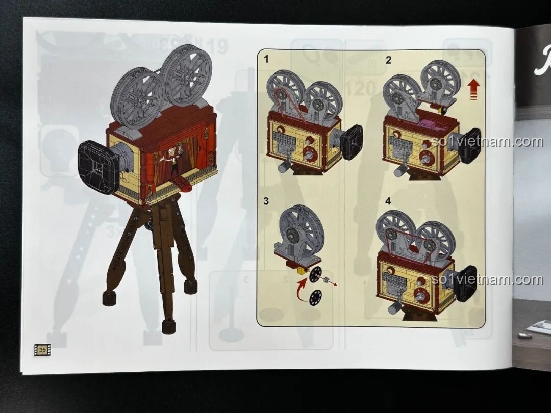 Lắp đặt dây điện và đèn LED vào bên trong bộ Pantasy Máy Chiếu Phim Cổ Điển Retro 85010, chuẩn bị cho tính năng chiếu sáng của mô hình.