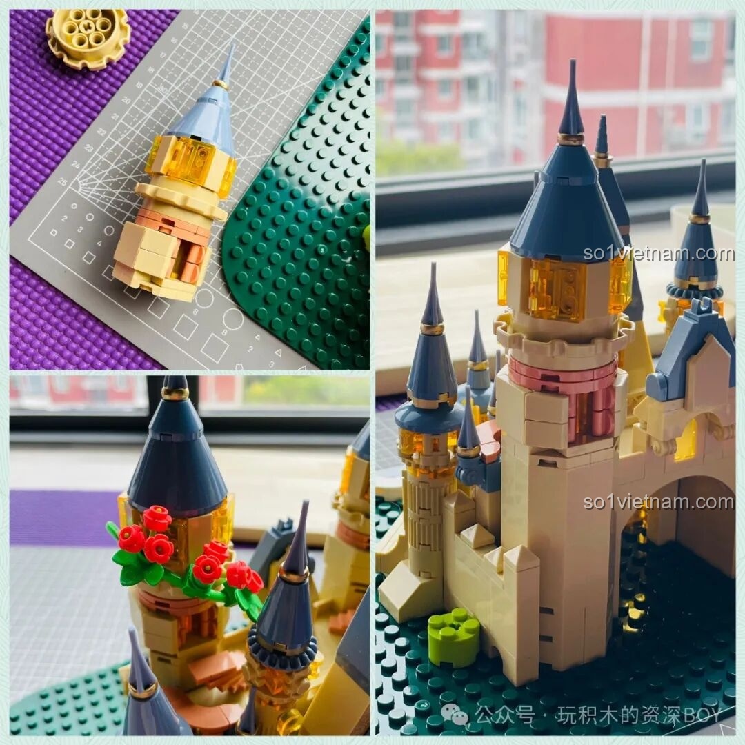 Quá trình lắp ráp cây cỏ và hoa nhỏ xung quanh Lâu Đài Hoa Rừng Femibox S2238, tạo cảnh quan.