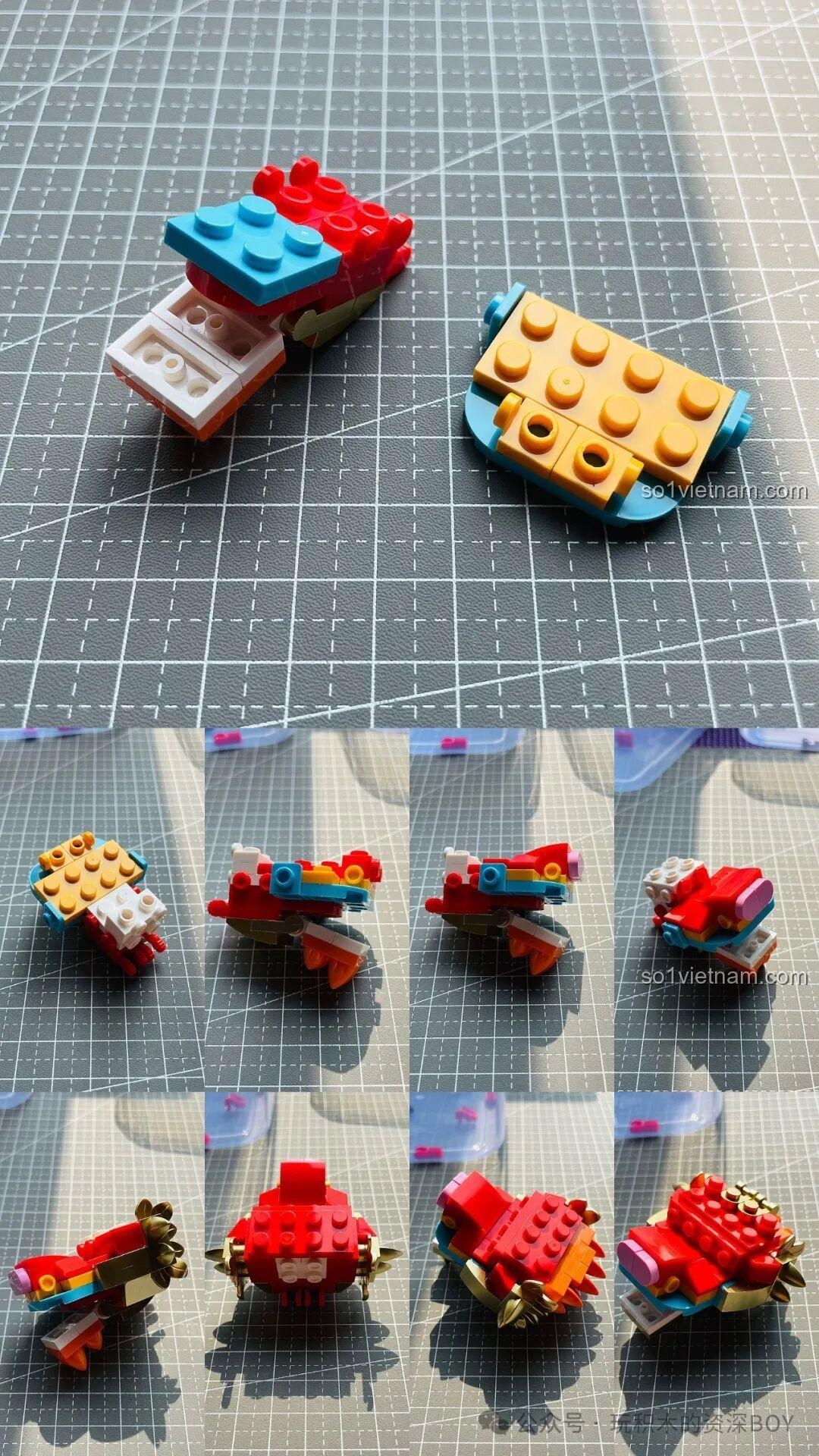 Quá trình lắp ráp phần đầu của mô hình Rồng Béo Trên Trời Gobricks G2401 qua nhiều bước.