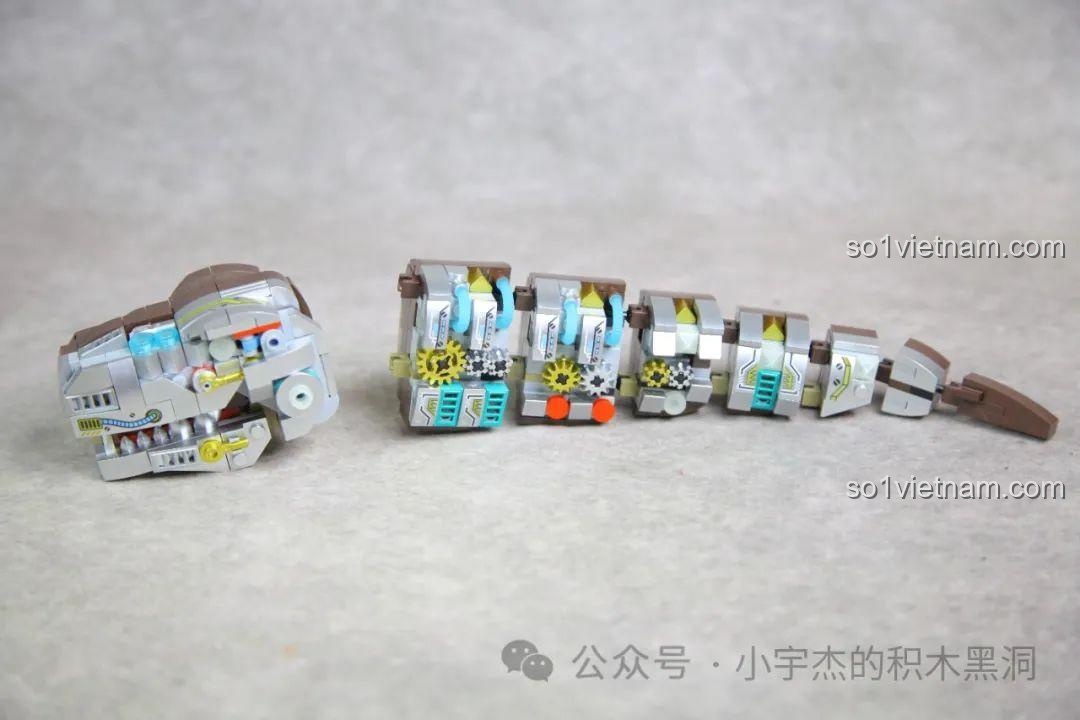 Quá trình lắp ráp phần đầu và chiếc đuôi gồm 7 đốt của mô hình T-Rex Bán Cơ Khí.