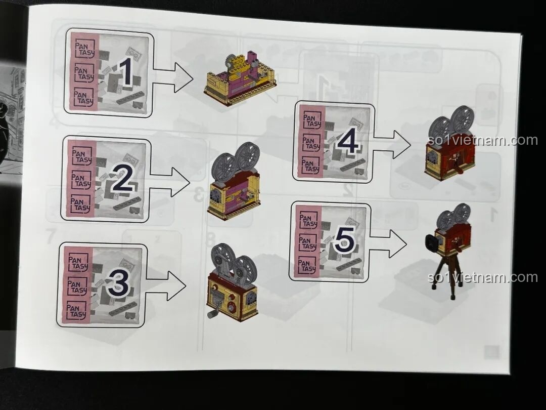 Quá trình lắp ráp phần đế của bộ Pantasy Máy Chiếu Phim Cổ Điển Retro 85010, với các mảnh ghép màu đỏ và hồng, bắt đầu hình thành mô hình máy chiếu.