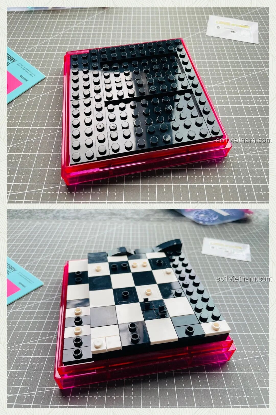 Quá trình lắp ráp phần nền sân khấu bàn cờ đen trắng của bộ đồ chơi Ái Vũ Đài AREA-X AB0006, với các mảnh ghép cơ bản.