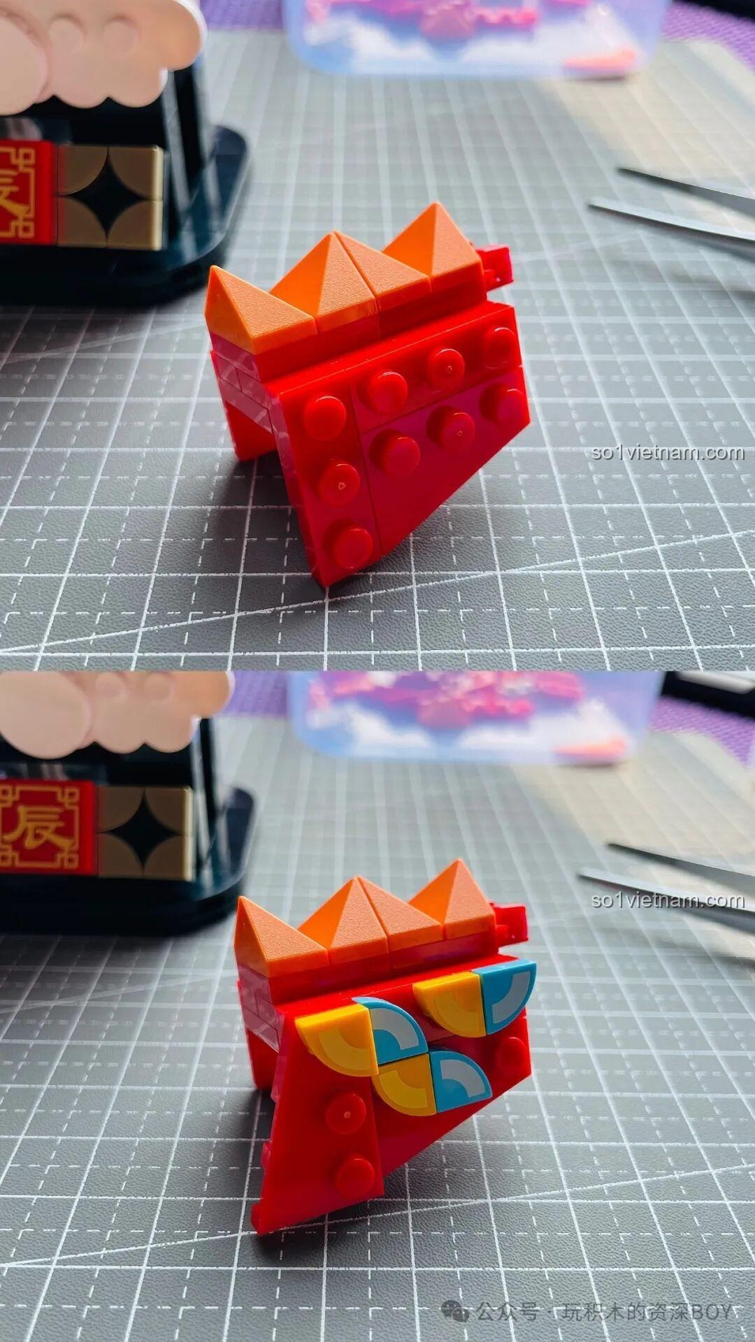 Quá trình lắp ráp một đoạn thân của mô hình Rồng Béo Trên Trời Gobricks G2401 với các vảy màu sắc.