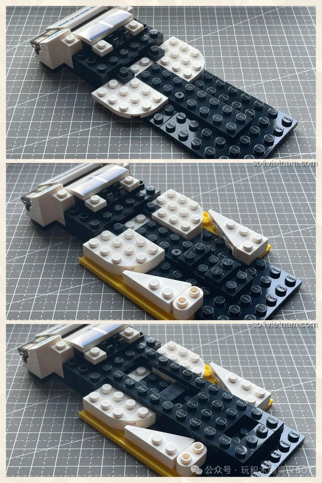 Quá trình lắp ráp phần thân xe của bộ CaDA C55029 Mazda 787B, các mảnh ghép dần tạo hình.