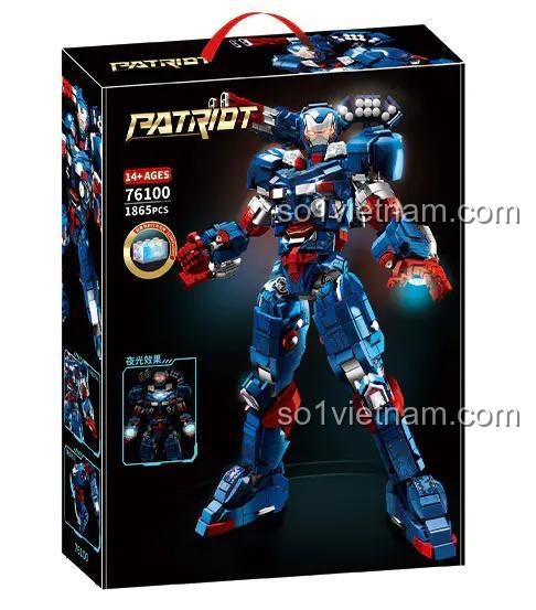 Hộp sản phẩm bộ đồ chơi LEGO® tương thích Người Sắt Patriot 76100 của 乐宜积木LY, có hình ảnh mô hình Patriot, thông số 14+ AGE, 76100, 1865PCS