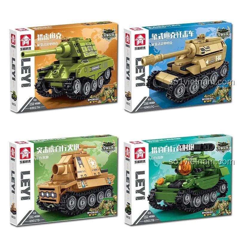 bộ đồ chơi LE YI 69017, bộ xếp hình 4 mẫu xe tăng quân sự, đồ chơi lắp ghép cho bé trai 6 tuổi, giá trị cao