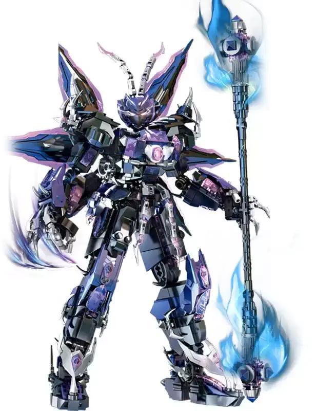 Mô hình Lục Nhĩ Mi Hầu Cơ Giáp 62062 của 乐毅积木 với vũ khí, khớp cử động linh hoạt, màu tím đen xanh dương, đồ chơi lắp ráp cho bé trai 6 tuổi