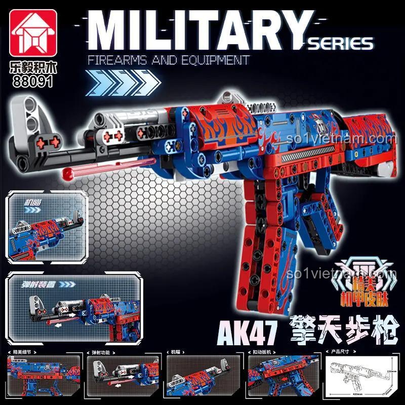 Chi tiết mô hình súng AK47擎天步枪 88091, 401 chi tiết, màu xanh dương và đỏ, có chức năng bắn đạn nhựa, dành cho bé trai 6 tuổi