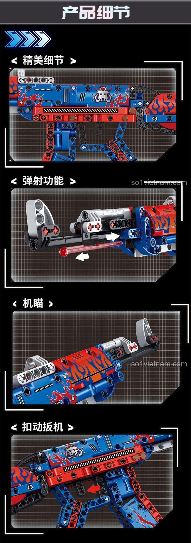 Hộp sản phẩm súng AK47擎天步枪 88091, 401 chi tiết, màu xanh dương và đỏ, kích thước 36x26.5x5.5cm, dành cho bé trai 6 tuổi