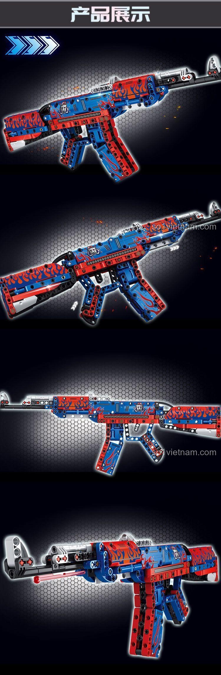 Kích thước mô hình súng AK47擎天步枪 88091, 401 chi tiết, màu xanh dương và đỏ, dài 40cm, rộng 4cm, cao 15cm, dành cho bé trai 6 tuổi