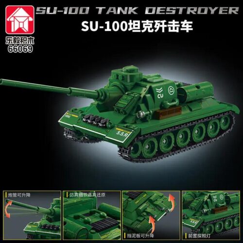 Bộ đồ chơi xe tăng diệt tăng SU-100 Le-Yuan 66069, xe tăng quân sự màu xanh lá, đồ chơi xây dựng cho bé trai 14 tuổi, giá tốt