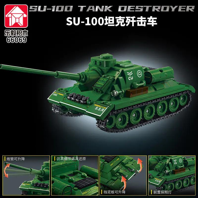 Bộ đồ chơi xe tăng diệt tăng SU-100 Le-Yuan 66069, xe tăng quân sự màu xanh lá, đồ chơi xây dựng cho bé trai 14 tuổi, giá tốt