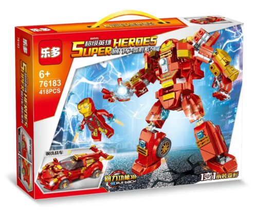 Hộp bộ đồ chơi LEDUO 76183 Siêu Anh Hùng Biến Hình Xe Hồi, có hình ảnh robot Iron Man và xe Iron Man, phù hợp cho bé trai 6 tuổi, với 418 chi tiết, tính năng xe hồi và biến hình robot.