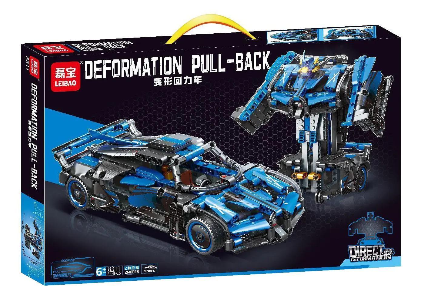 Bộ đồ chơi xe biến hình LEIBAO 8311, Robot biến hình màu xanh dương, Xe thể thao Bugatti Bolide, Động cơ rút dây, 544 mảnh ghép, Kỹ năng sáng tạo, Phối hợp tay mắt, Cho bé trai 6 tuổi