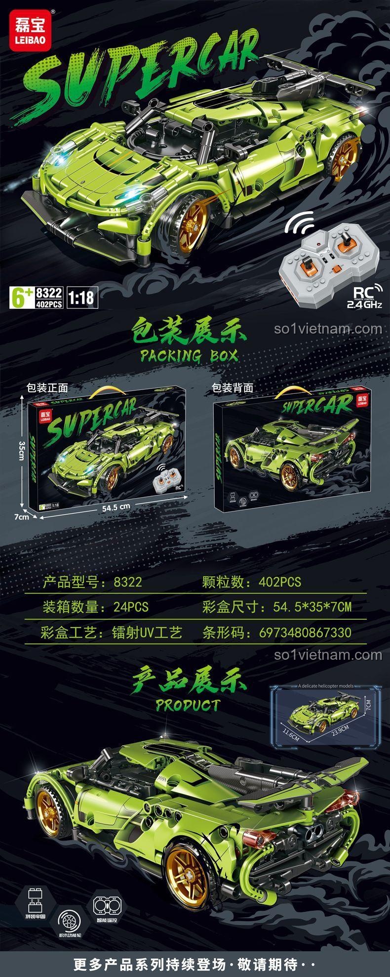 Mô hình siêu xe Lamborghini LEIBAO 8322 màu xanh lá