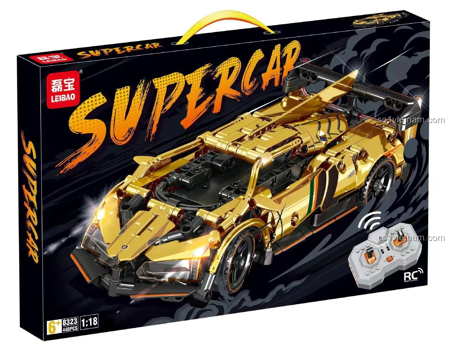 Hộp sản phẩm LEIBAO 8323 Siêu xe Apollo Vàng, 440 mảnh, Tỉ lệ 1:18, Điều khiển từ xa, Đèn LED, Cho bé trai 6 tuổi