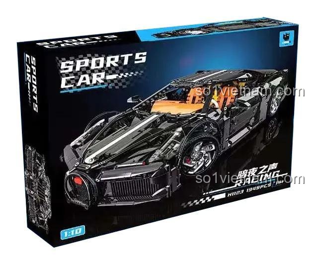 Hộp sản phẩm bộ đồ chơi LEIMAO H1123 Siêu Xe Bugatti 'Âm Thanh Đêm', thể hiện mô hình xe thể thao Bugatti 1949 mảnh ghép, điều khiển từ xa, phù hợp con trai 14 tuổi.