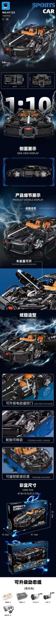 Chi tiết tính năng của đồ chơi mô hình LEIMAO H1123 Siêu Xe Bugatti 'Âm Thanh Đêm', bao gồm cửa mở điện, hệ thống lái liên kết, điều khiển từ xa, cùng kích thước hộp và mô hình, giúp con trai 14 tuổi phát triển tư duy.