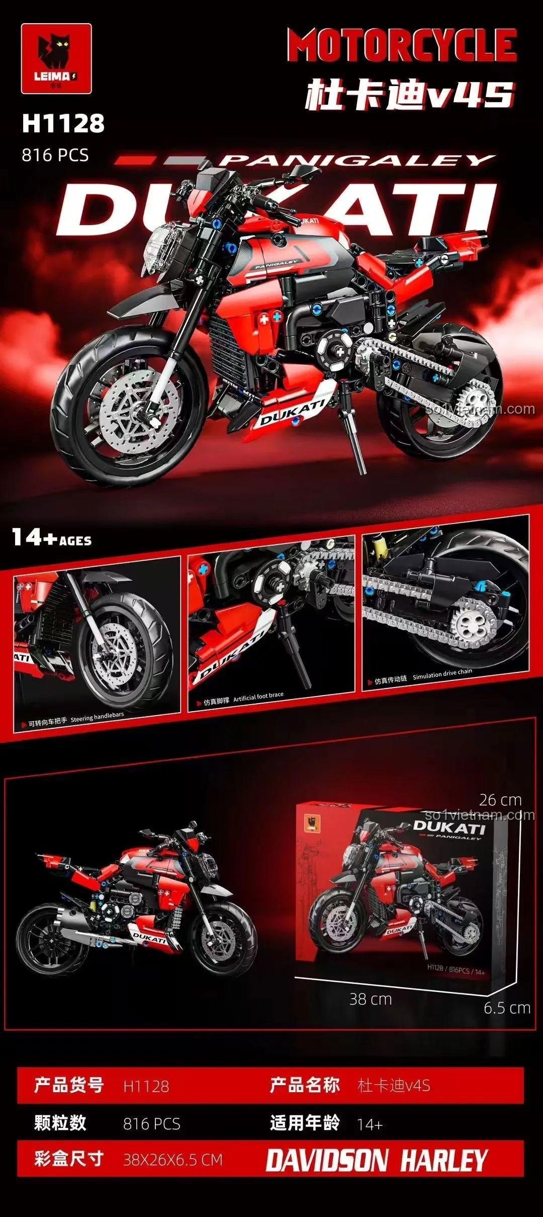 Kích thước hộp sản phẩm mô hình xe mô tô Ducati V4S LEIMAO H1128, bộ lắp ráp kỹ thuật, 816 mảnh, cho bé 14 tuổi