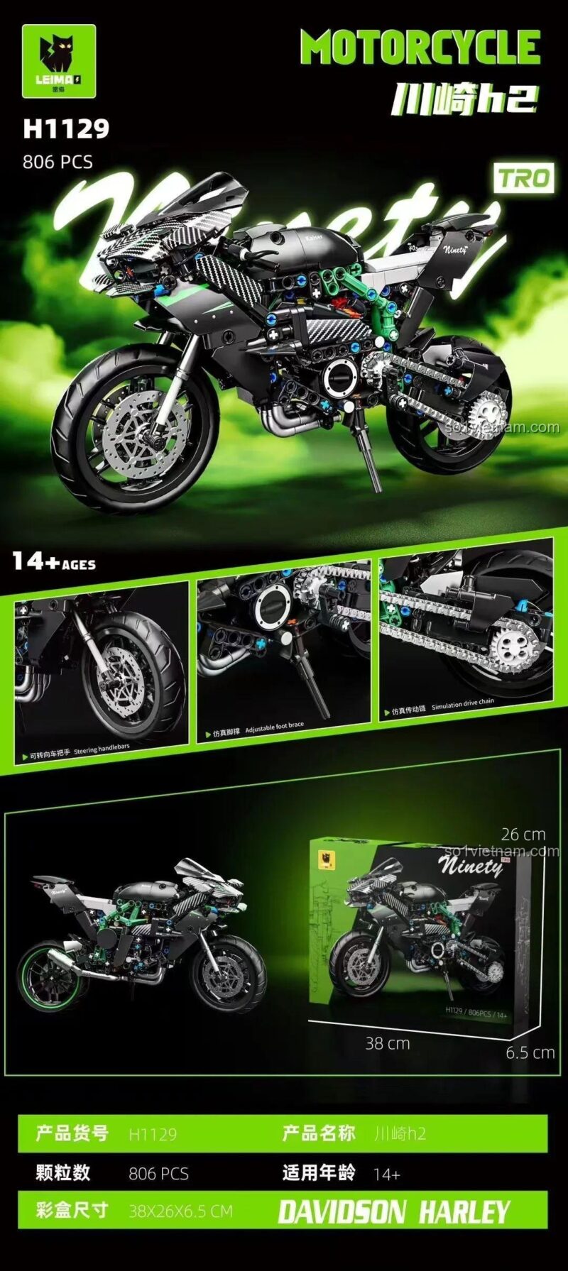 Mô hình xe máy Kawasaki H2 LEIMAO H1129, kích thước hộp 38x26x6.5cm, đồ chơi lắp ráp cho bé trai 14 tuổi