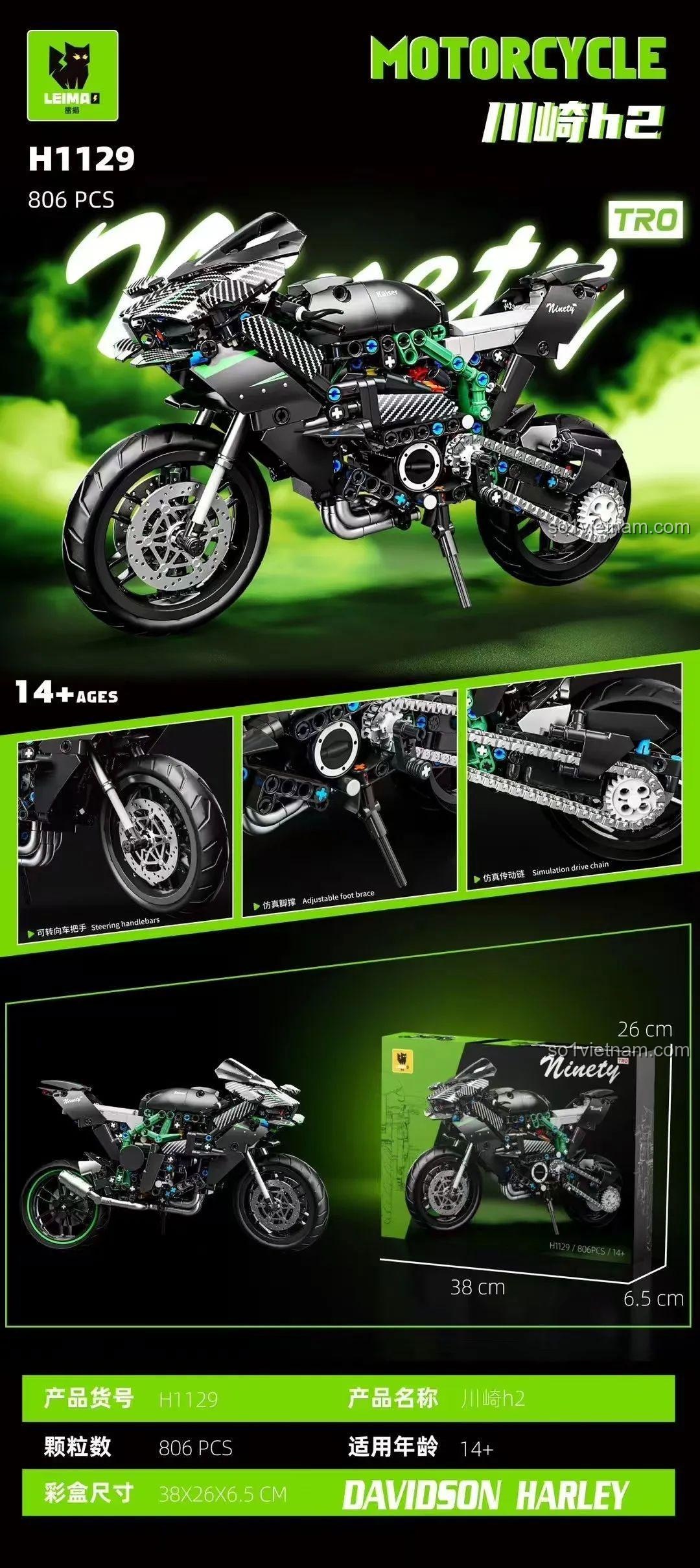 Mô hình xe máy Kawasaki H2 LEIMAO H1129, kích thước hộp 38x26x6.5cm, đồ chơi lắp ráp cho bé trai 14 tuổi