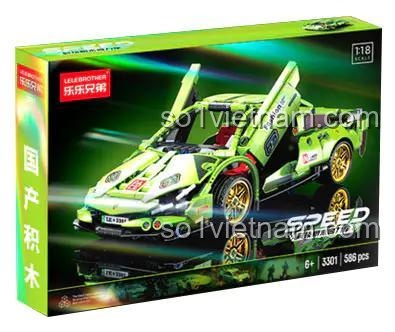 Hộp bộ lắp ghép LELE BROTHER 3301 Xe Lamborghini Bò Xanh Kéo Lùi, 586 mảnh ghép, đồ chơi lắp ráp giá rẻ cho bé trai 6 tuổi.