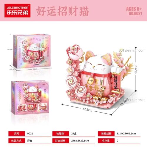 Kích thước hộp và mô hình LELE BROTHER 9021 Mèo Thần Tài May Mắn, bộ lắp ghép Mèo May Mắn chi tiết, đáng tiền cho bé gái.