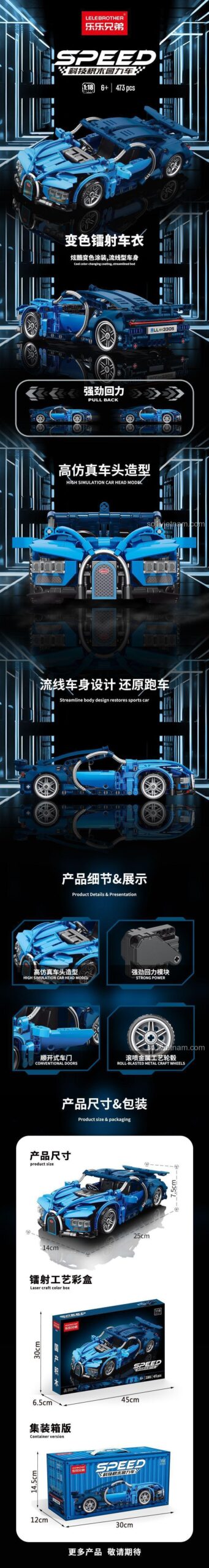 Thông số kỹ thuật chi tiết đồ chơi lắp ráp 9055-5 Xe đua Bugatti Chiron, với 473 chi tiết, mở cửa linh hoạt, giúp con trai 6 tuổi phát triển tư duy.
