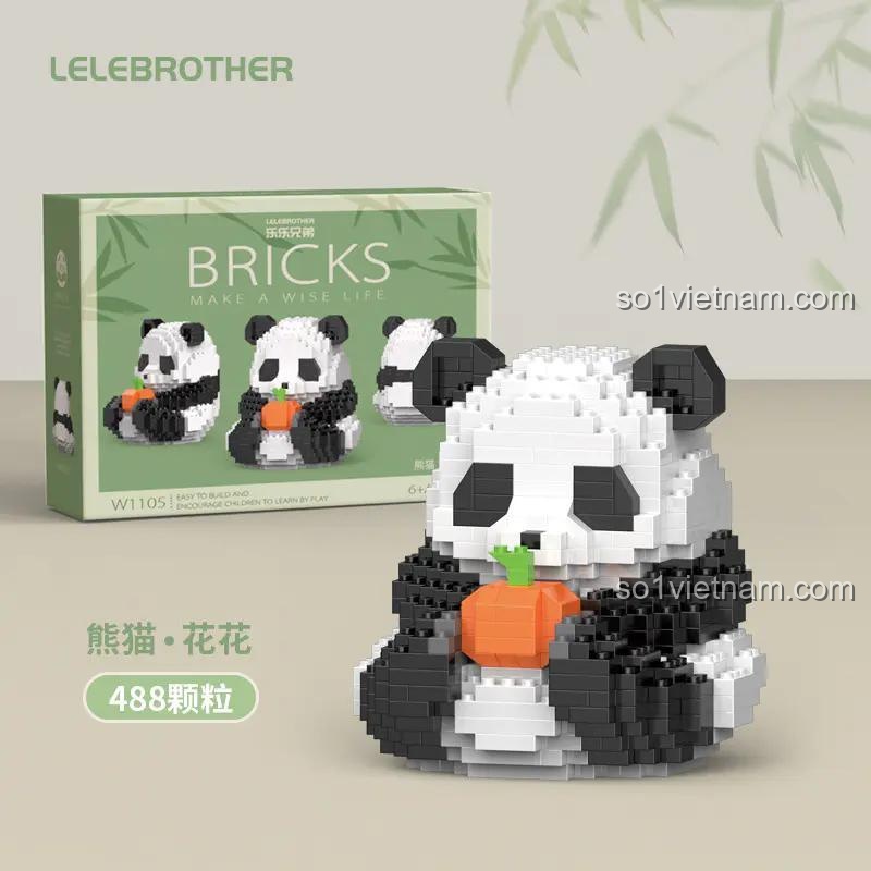 Hộp mini block W1105 LELE BROTHER Panda Hoa Hoa Ôm Bí Ngô, đồ chơi lắp ráp cho trẻ 6 tuổi, chất lượng cao.