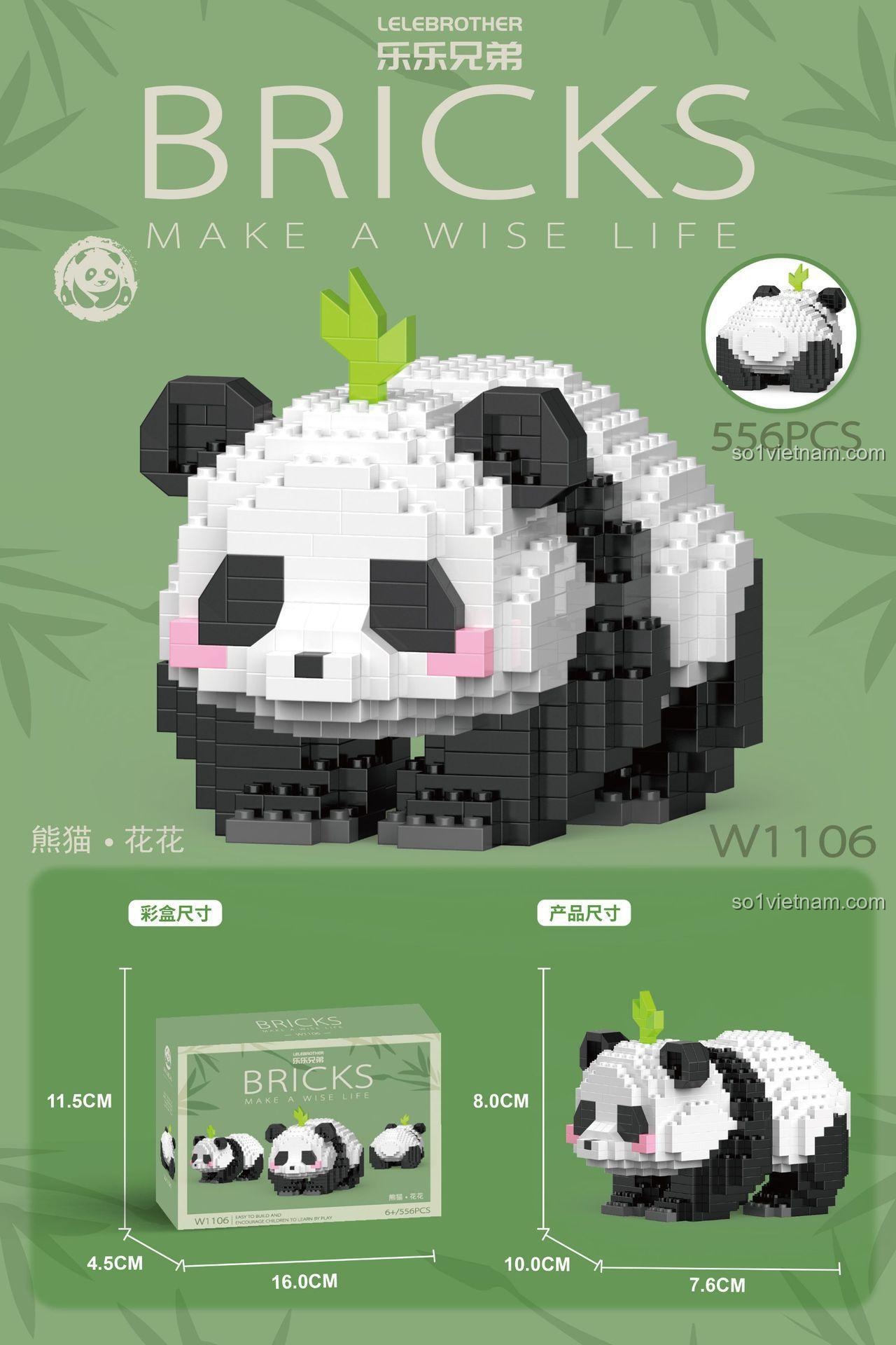 kích thước mô hình Gấu Trúc Hoa Hoa LELE BROTHER W1106, bộ lắp ghép gấu trúc 556 chi tiết, đồ chơi mô hình cho bé gái 6 tuổi, giá bình dân