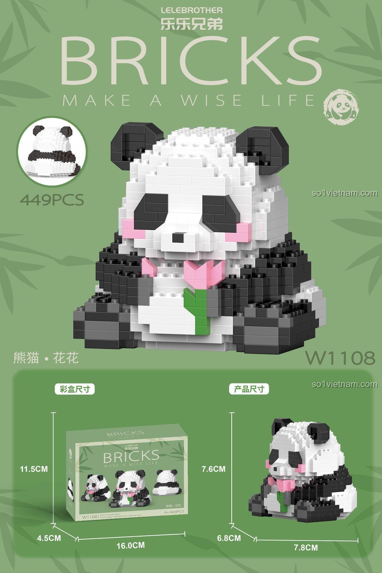 Kích thước mô hình gấu trúc LELE BROTHER W1108, bộ xếp hình Panda Hoa Hoa 449 mảnh, đồ chơi mô hình cho bé gái 6 tuổi, giá tiết kiệm.