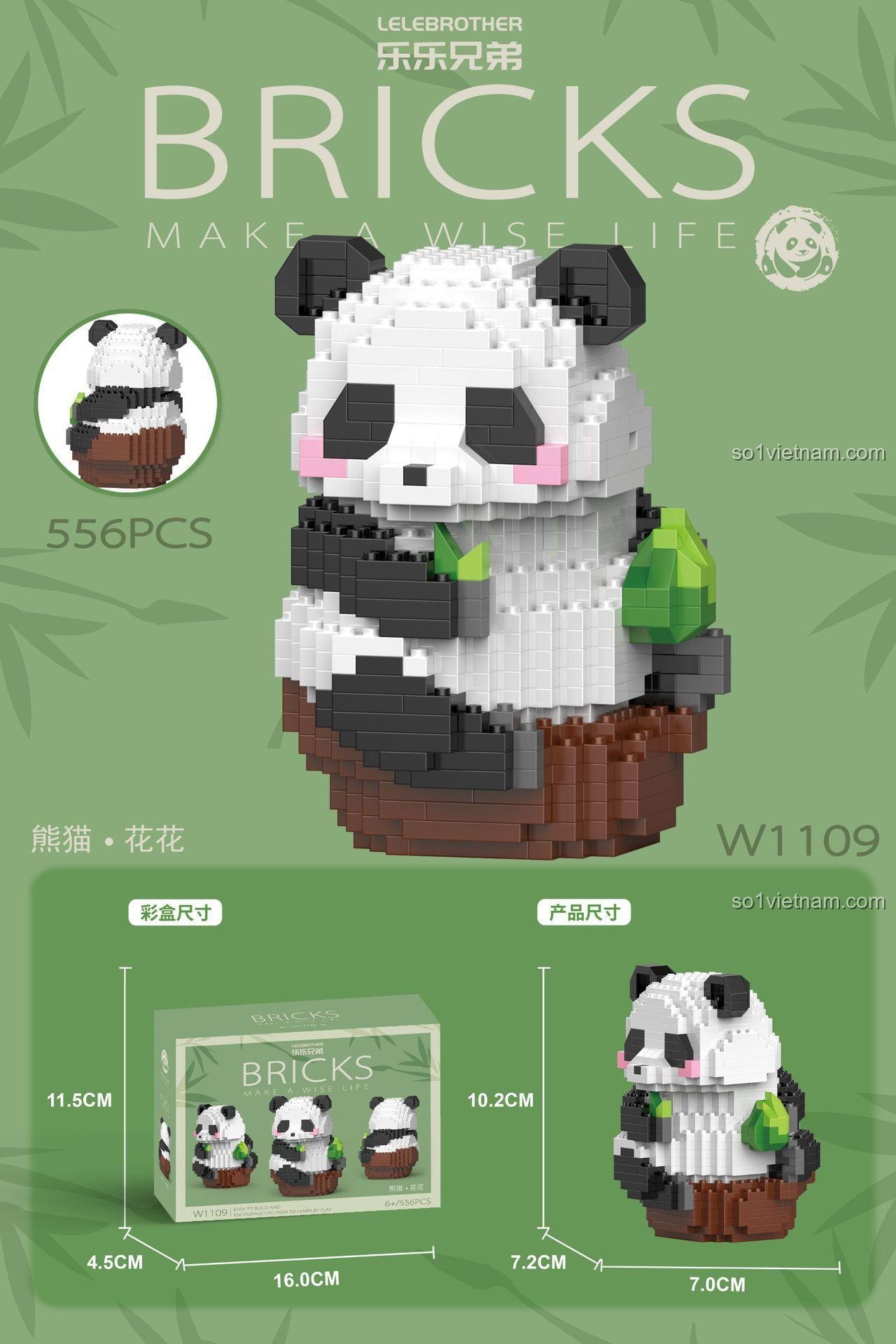 bộ xếp hình Panda Hoa Hoa Ăn Trúc LELE BROTHER W1109, kích thước mô hình và hộp, đồ chơi mini block cho bé gái 6 tuổi, giá bình dân