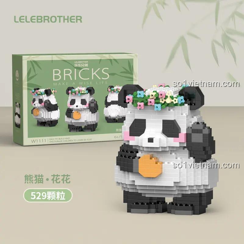 Hộp sản phẩm bộ lắp ghép Gấu trúc Hoa Hoa LELE BROTHER W1111, đồ chơi mô hình nanoblock siêu nhỏ cho bé gái 6 tuổi.