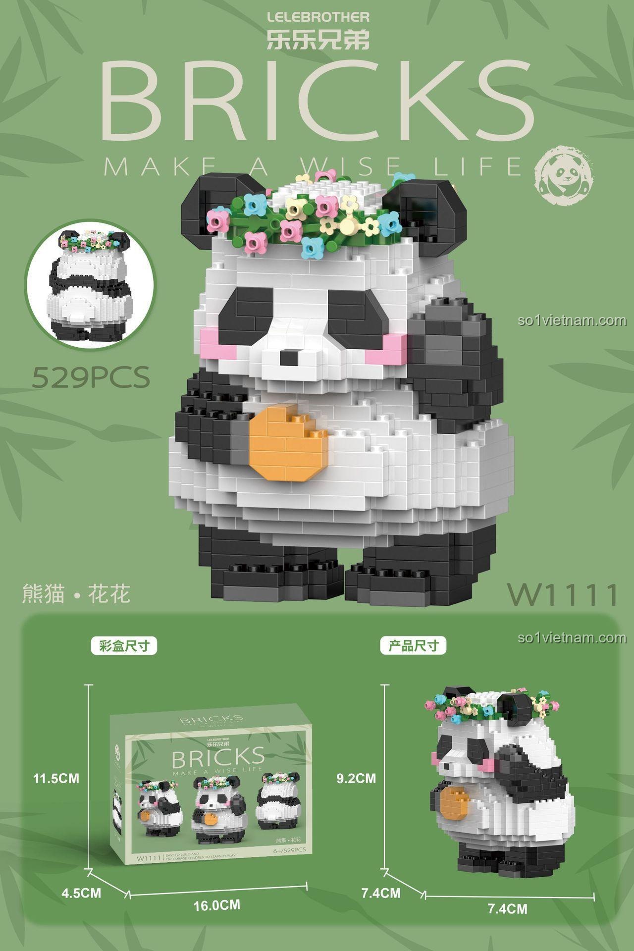 Kích thước chi tiết đồ chơi mô hình W 1111, LELE BROTHER 1111, bộ xếp hình Gấu trúc Hoa Hoa LELE BROTHER cho bé gái 6 tuổi.