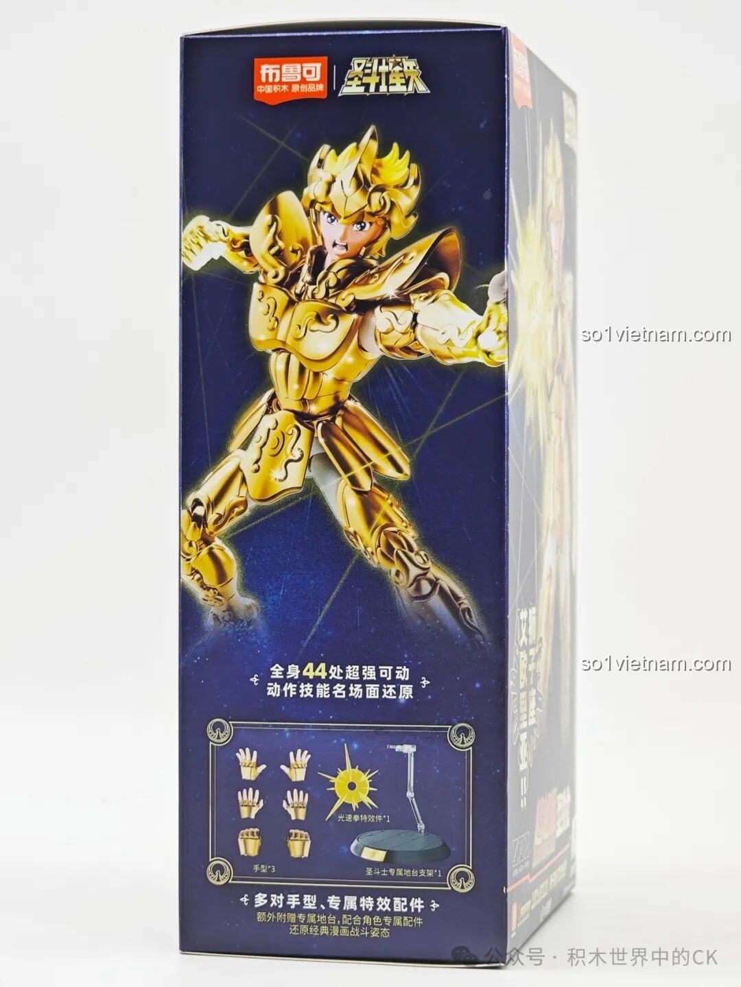 Cận cảnh mặt bên hộp Leo Aiolia BLOKEES, hình ảnh Sư Tử Vàng tung chiêu