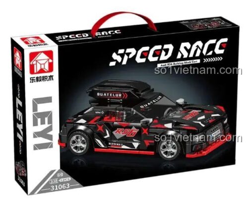 Hộp sản phẩm bộ đồ chơi siêu xe Audi RS6 LEPIN 31063, có hình ảnh xe, thông số 338 chi tiết, độ tuổi 6+, giá rẻ