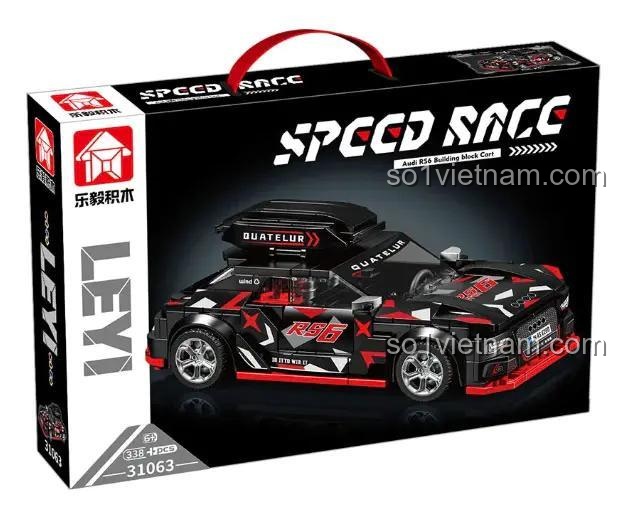 Hộp sản phẩm bộ đồ chơi siêu xe Audi RS6 LEPIN 31063, có hình ảnh xe, thông số 338 chi tiết, độ tuổi 6+, giá rẻ
