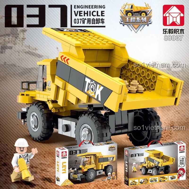 Bộ lắp ghép LEPIN 88037 Xe Ben Mỏ và hộp sản phẩm, đồ chơi xây dựng xe ben công trình cho bé trai 6 tuổi, mô hình xe tải ben cỡ lớn, chi tiết sắc nét, thùng xe nâng hạ