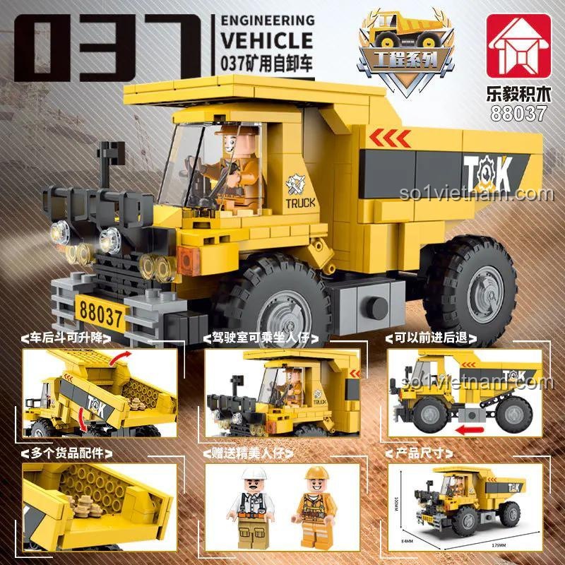 Các chi tiết lắp ráp và tính năng của bộ lắp ghép LEPIN 88037 Xe Ben Mỏ, đồ chơi xây dựng xe ben công trình cho bé trai 6 tuổi, mô hình xe tải ben cỡ lớn, chi tiết sắc nét, thùng xe nâng hạ