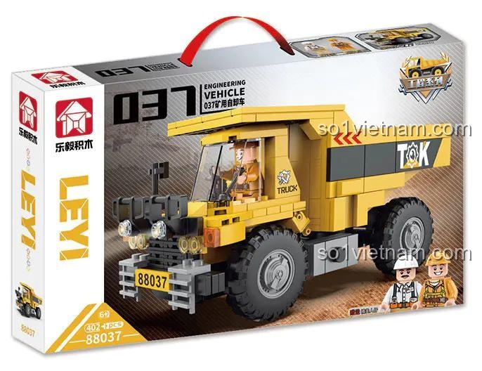 Hộp sản phẩm bộ lắp ghép LEPIN 88037 Xe Ben Mỏ, đồ chơi xây dựng xe ben công trình cho bé trai 6 tuổi, mô hình xe tải ben cỡ lớn, chi tiết sắc nét, thùng xe nâng hạ