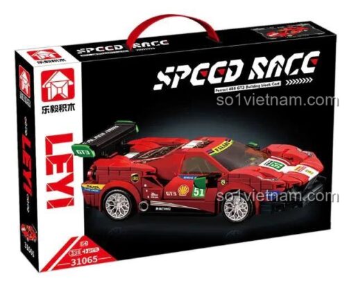 Hộp sản phẩm bộ lắp ghép LEQI 31065 Siêu xe đua Ferrari 488 GTB, 338 chi tiết, kích thước 35x25x5.5cm, đồ chơi giáo dục cho bé trai
