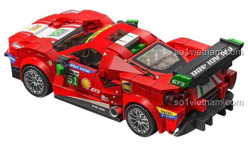 Mô hình xe đua LEQI 31065 Ferrari 488 GTB nhìn từ phía sau, chi tiết đuôi xe, đồ chơi lắp ráp cho bé trai