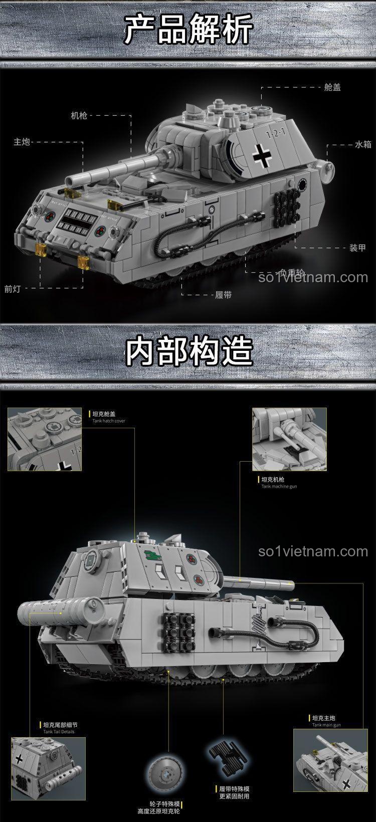 Xe tăng Đức Panzer VIII Maus LEQI 66061, bộ khối lắp ghép, 802 chi tiết, màu xám đen, giá tốt