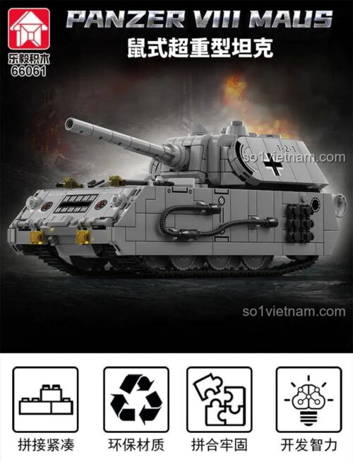 Xe tăng Panzer VIII Maus LEQI 66061, bộ lắp ghép xe tăng Đức Quốc xã, 802 chi tiết, màu xám đen, giá tốt