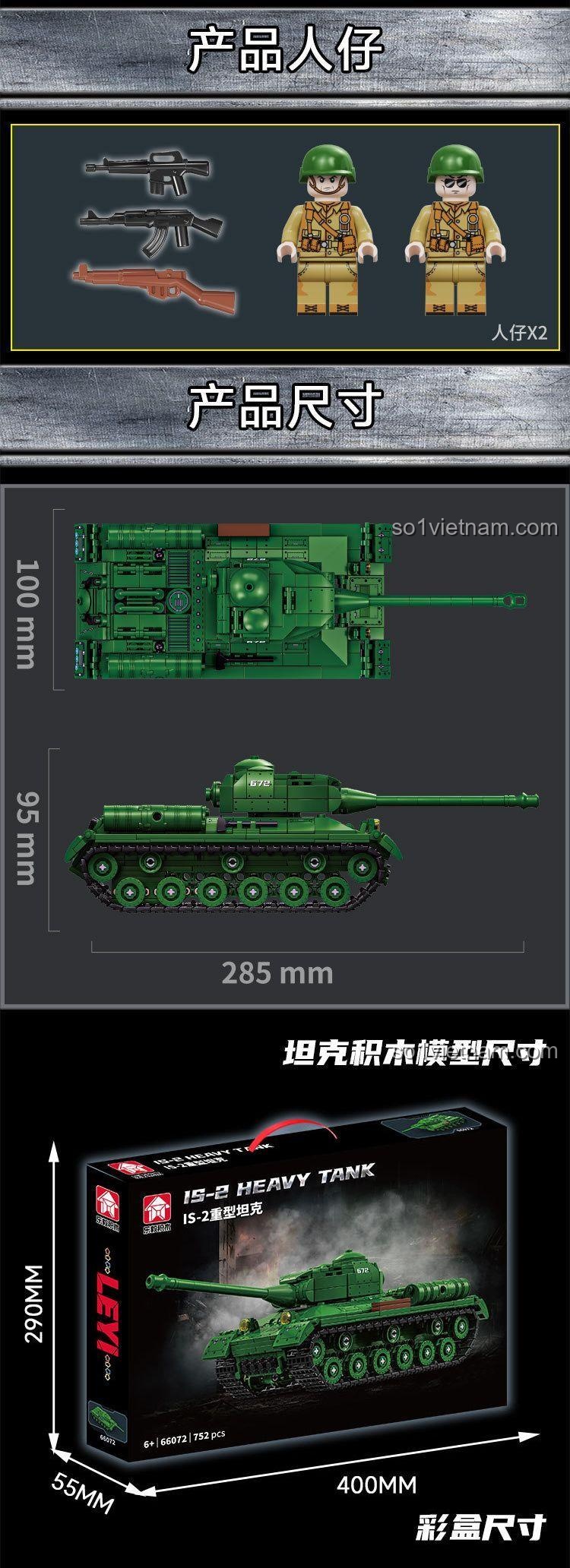 Mô hình xe tăng hạng nặng IS-2 LEQI 66072 màu xanh lá, có 2 minifigures, pháo xoay 360 độ, chi tiết cao, đồ chơi lắp ghép cho bé trai 6 tuổi
